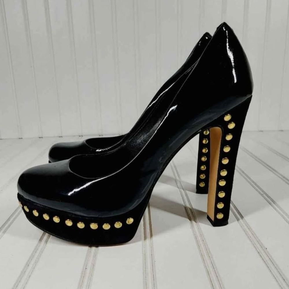 Vince Camuto Black Patten Platform Shoes and Gold Studded Heels
